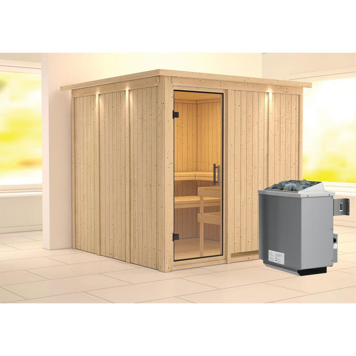 Karibu Sauna Rodin Fronteinstieg 9 kW Ofen integr Strg mit Kranz Klarglas-Tür Bild 6