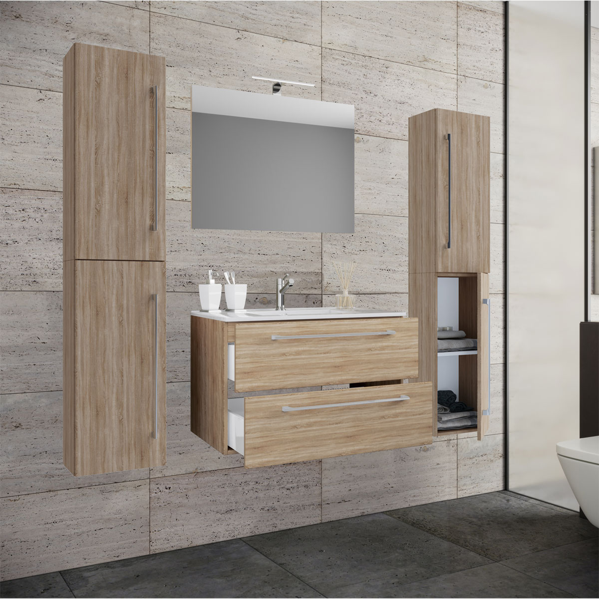 Waschplatz 80 cm 5-teiliges Set 2 Schubfächer mit Spiegel Sonoma-Eiche Bild 2