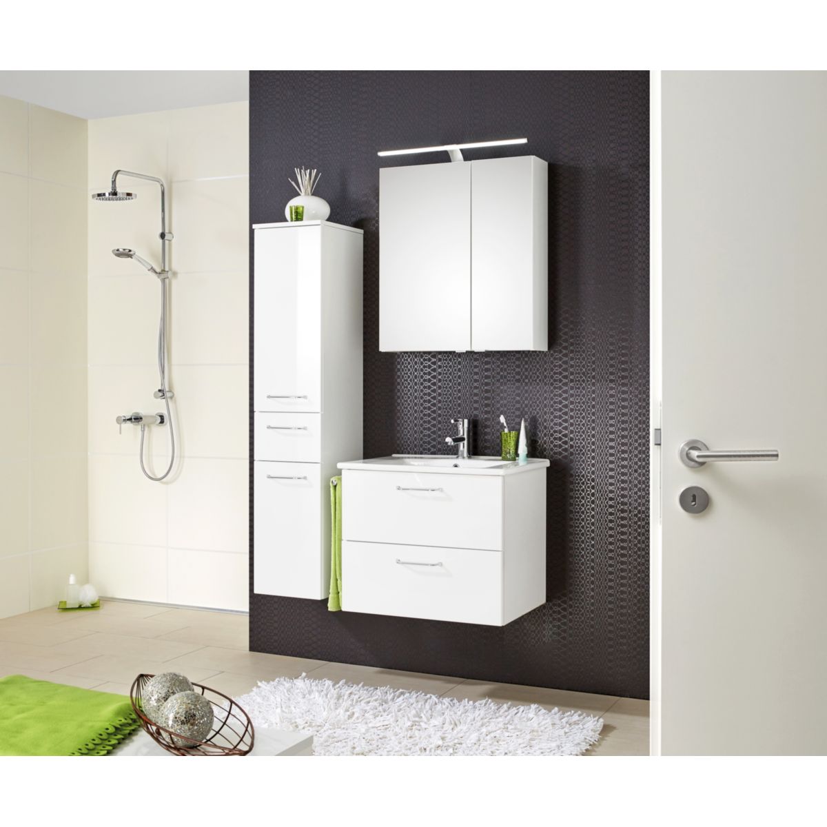 Badblock Bari Weiß Hochglanz – 65 cm Waschplatz mit LED-Spiegelschrank & Keramikbecken