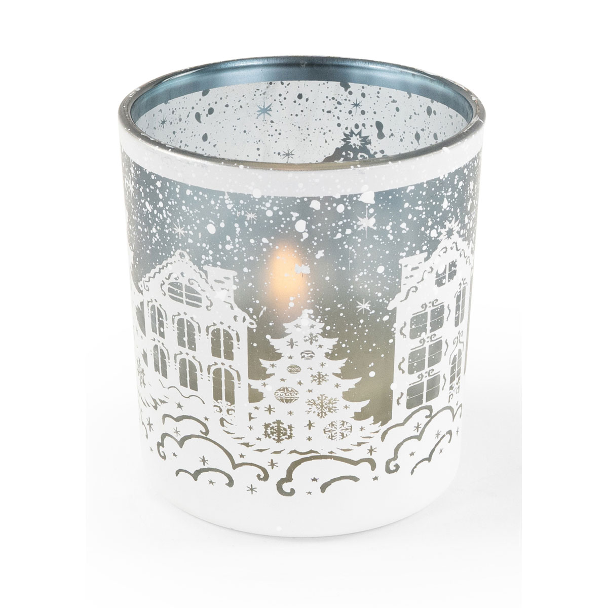 Teelichtglas mit Schneedorf Glas 7 x 8 cm weiß