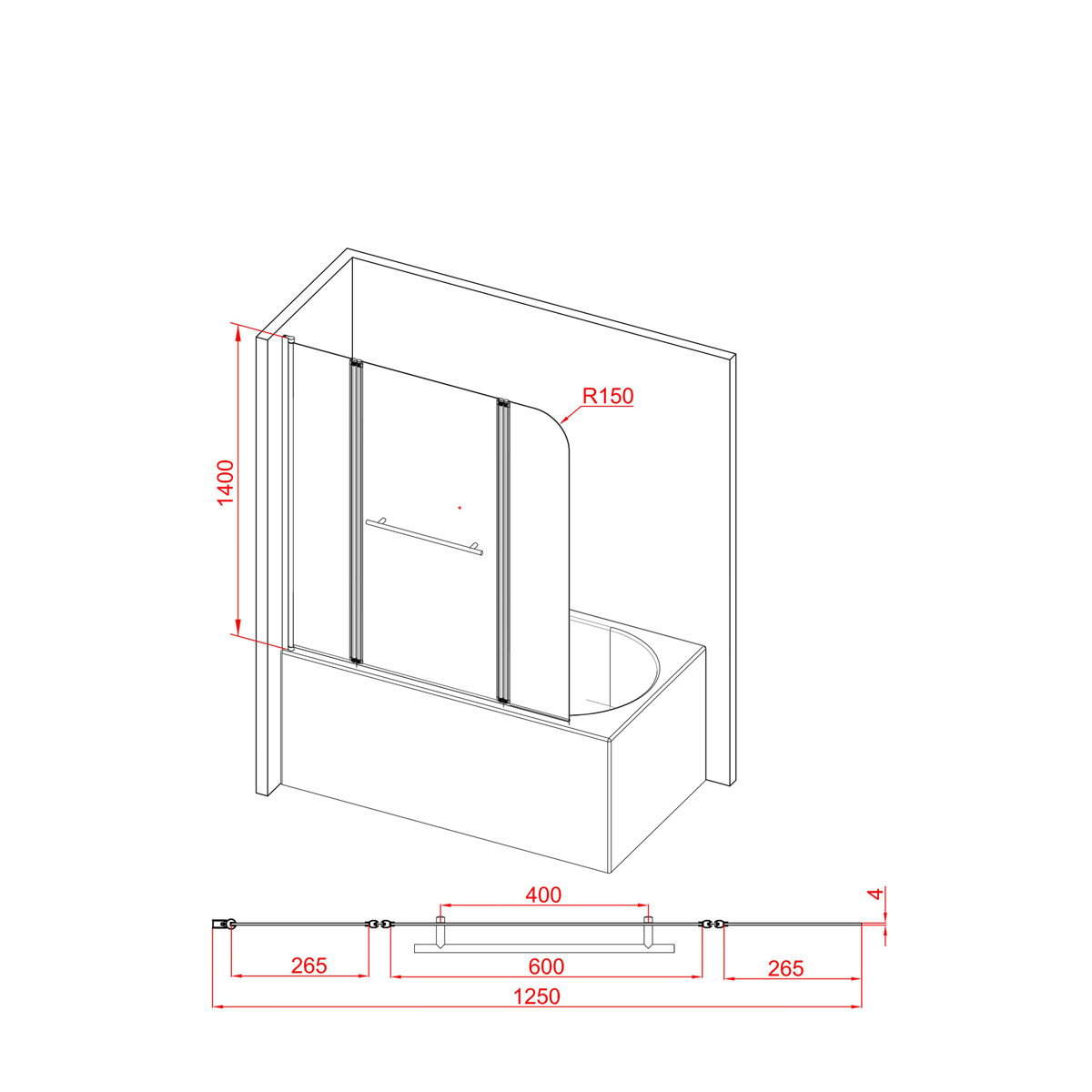 Aurlane Badewannenfaltwand Black Spririt 3 125 x 140 cm Bild 2
