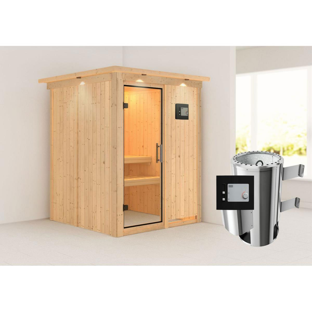 Karibu Sauna Minja Fronteinstieg 3,6 kW Ofen externe Strg modern mit Kranz Klarglas-Tür Bild 7