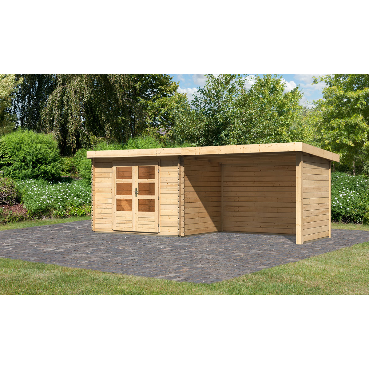 Karibu  Blockbohlenhaus Bastrup 3 naturbelassen mit Anbaudach und Seiten