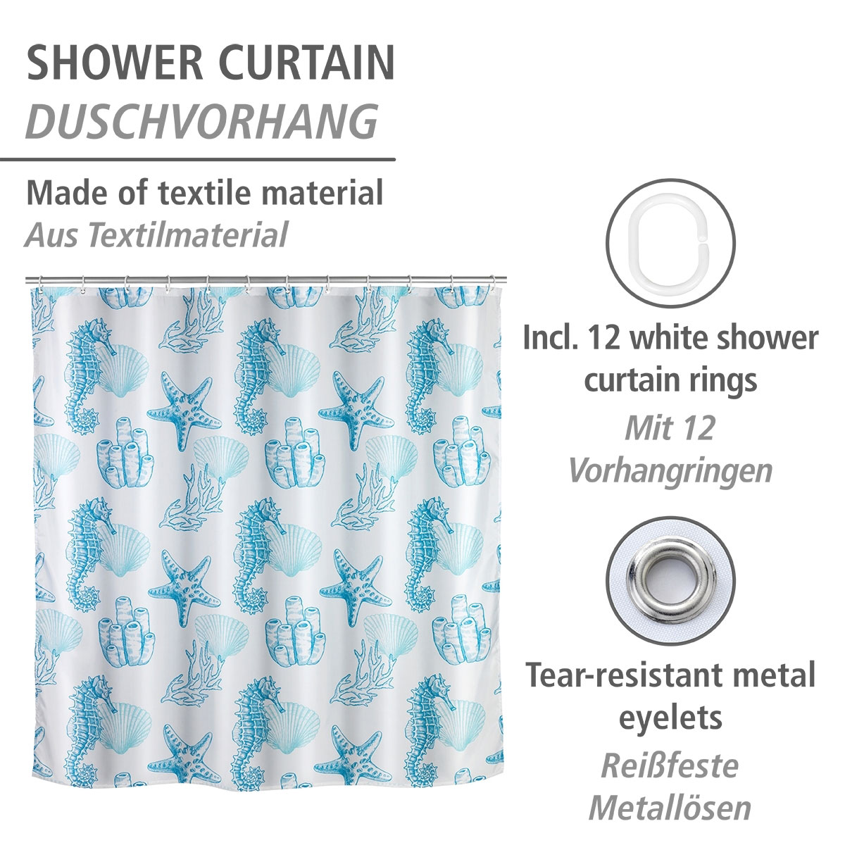 Wenko  Anti-Schimmel Duschvorhang Lagoa Textil Polyester 180 x 200 cm waschbar Bild 2