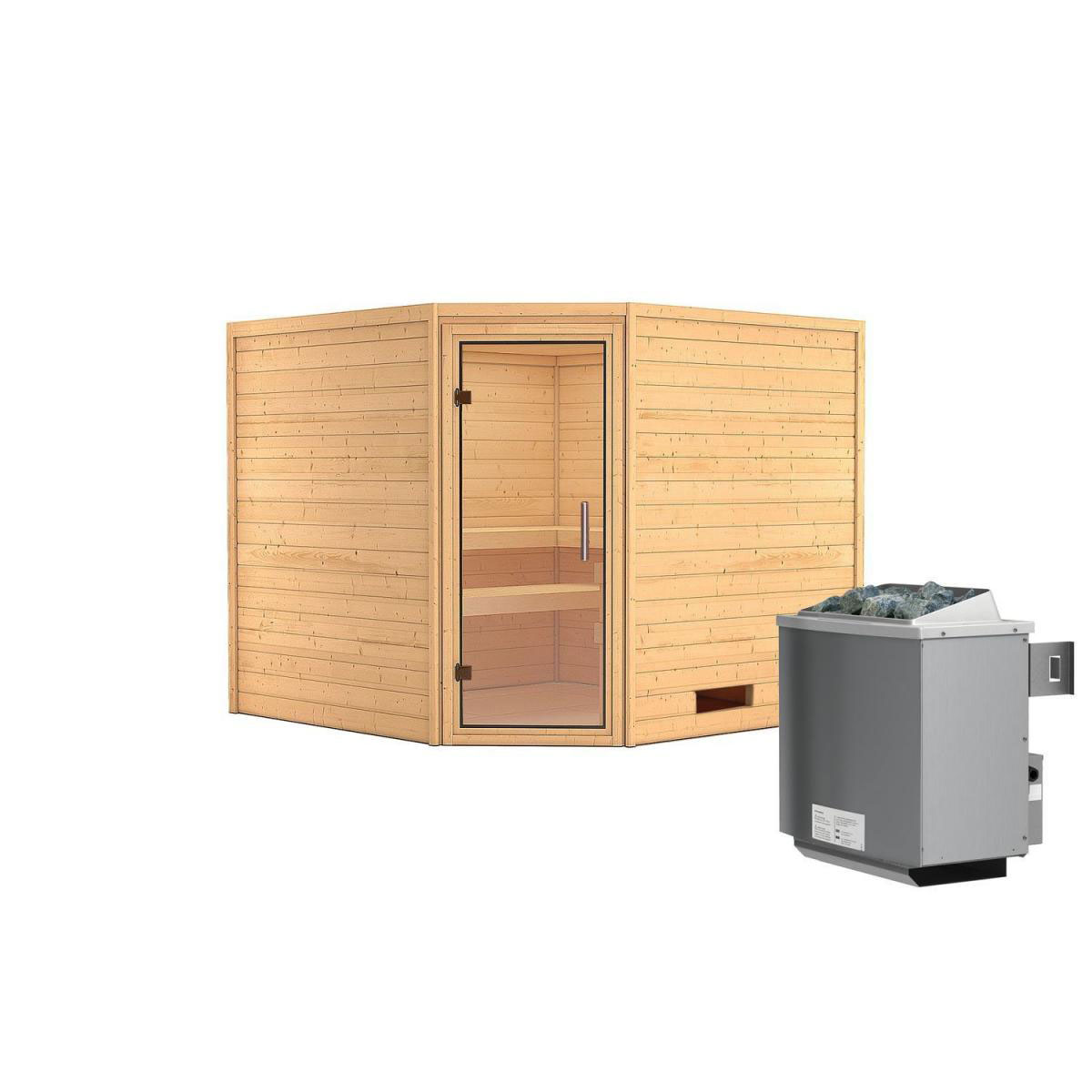 Karibu Sauna Leona Eckeinstieg 9 kW Ofen integr Strg kein Kranz Klarglas-Tür