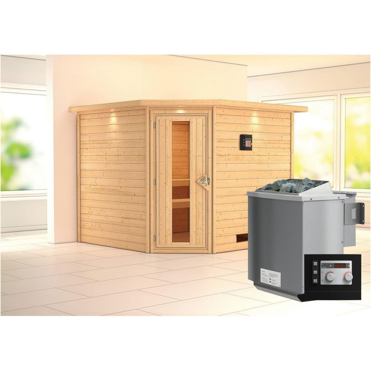 Karibu Sauna Leona Eckeinstieg 9 kW Bio Ofen externe Strg modern mit Kranz Energiespartür Bild 7