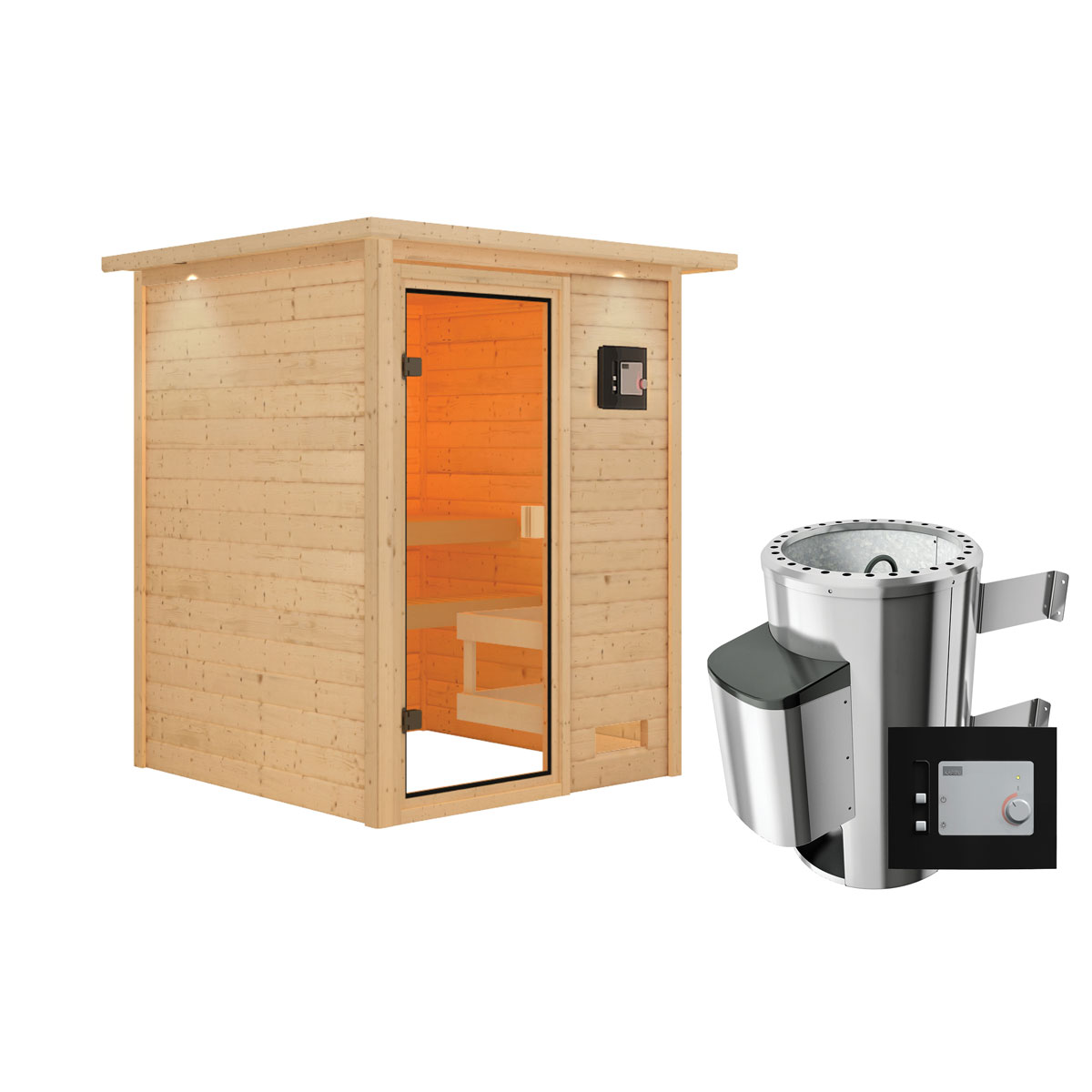Karibu Sauna Sandra 3,6 kW mit Kranz naturbelassen externe Steuerung Bild 3