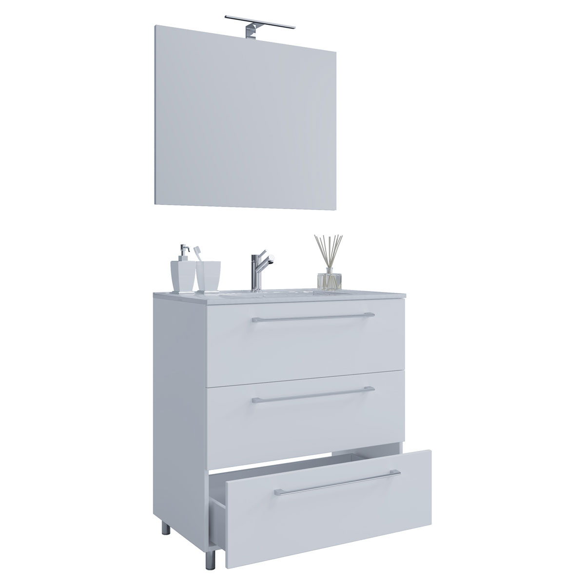 Stand-Waschplatz 60 cm 3-teilig 3 Schubfächer mit Spiegel weiß Bild 1