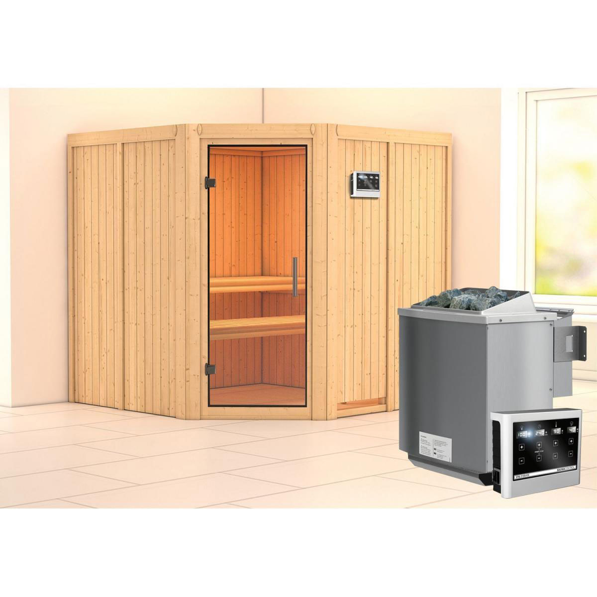 Karibu Sauna Jarin Eckeinstieg 9 kW Bio Ofen kein Kranz Klarglas-Tür Bild 6