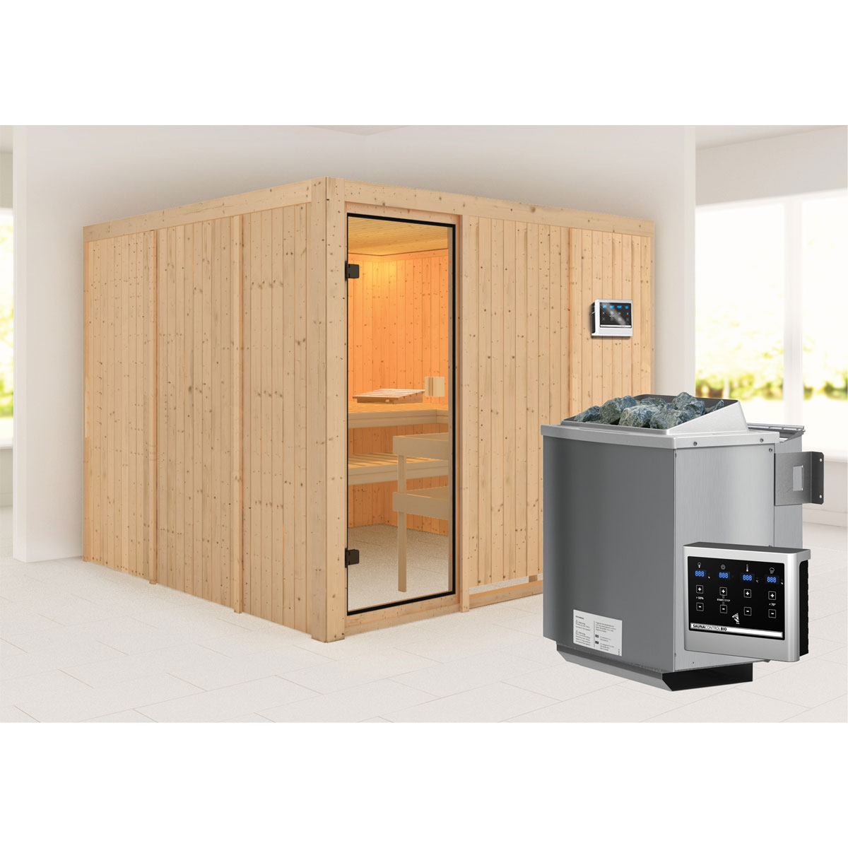 Karibu Sauna Arvika naturbelassen Bio externe Steuerung Bild 1