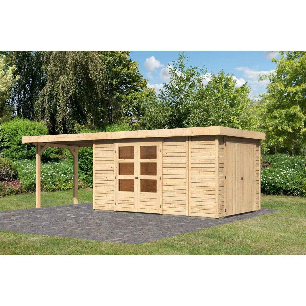 Karibu Gartenhaus Retola 6 inkl Anbauschrank und Anbaudach 2,80 Meter naturbelassen Bild 1