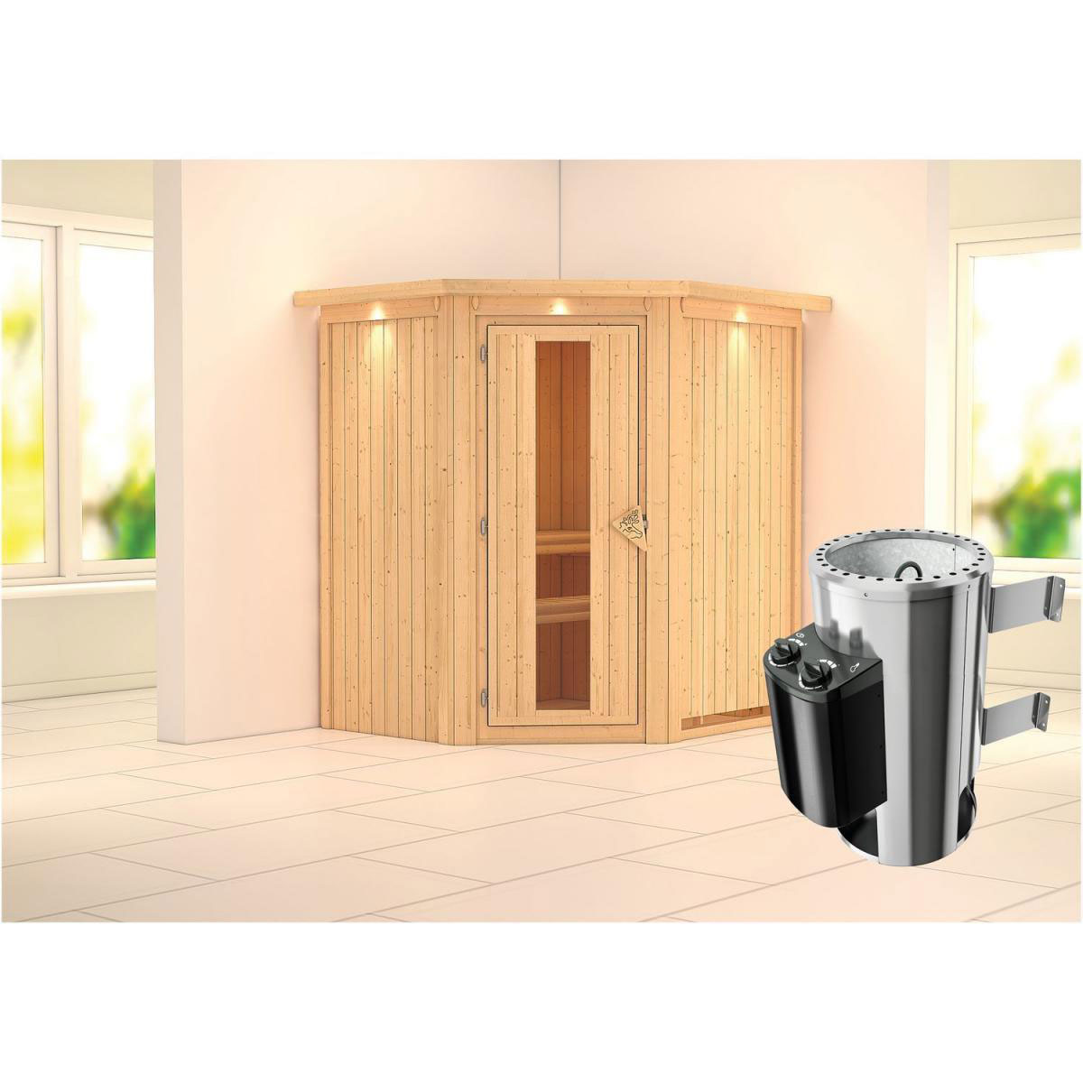 Karibu Sauna Tonja Eckeinstieg 3,6 kW Ofen integr Strg mit Kranz Energiespartür Bild 6