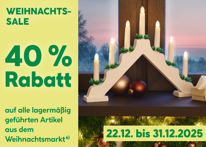 Weihnachts-Sale: 40 Prozent Rabatt auf alle lagermäßig geführten Artikel aus dem Weihnachtsmarkt