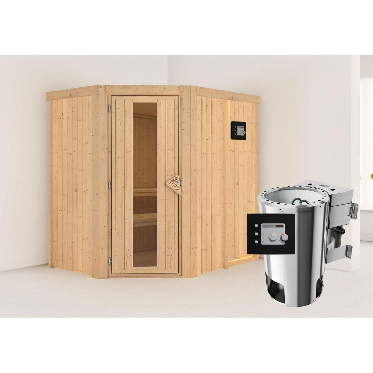 Karibu Sauna Saja Eckeinstieg 3,6 kW Bio Ofen externe Strg modern kein Kranz Energiespartür Bild 6