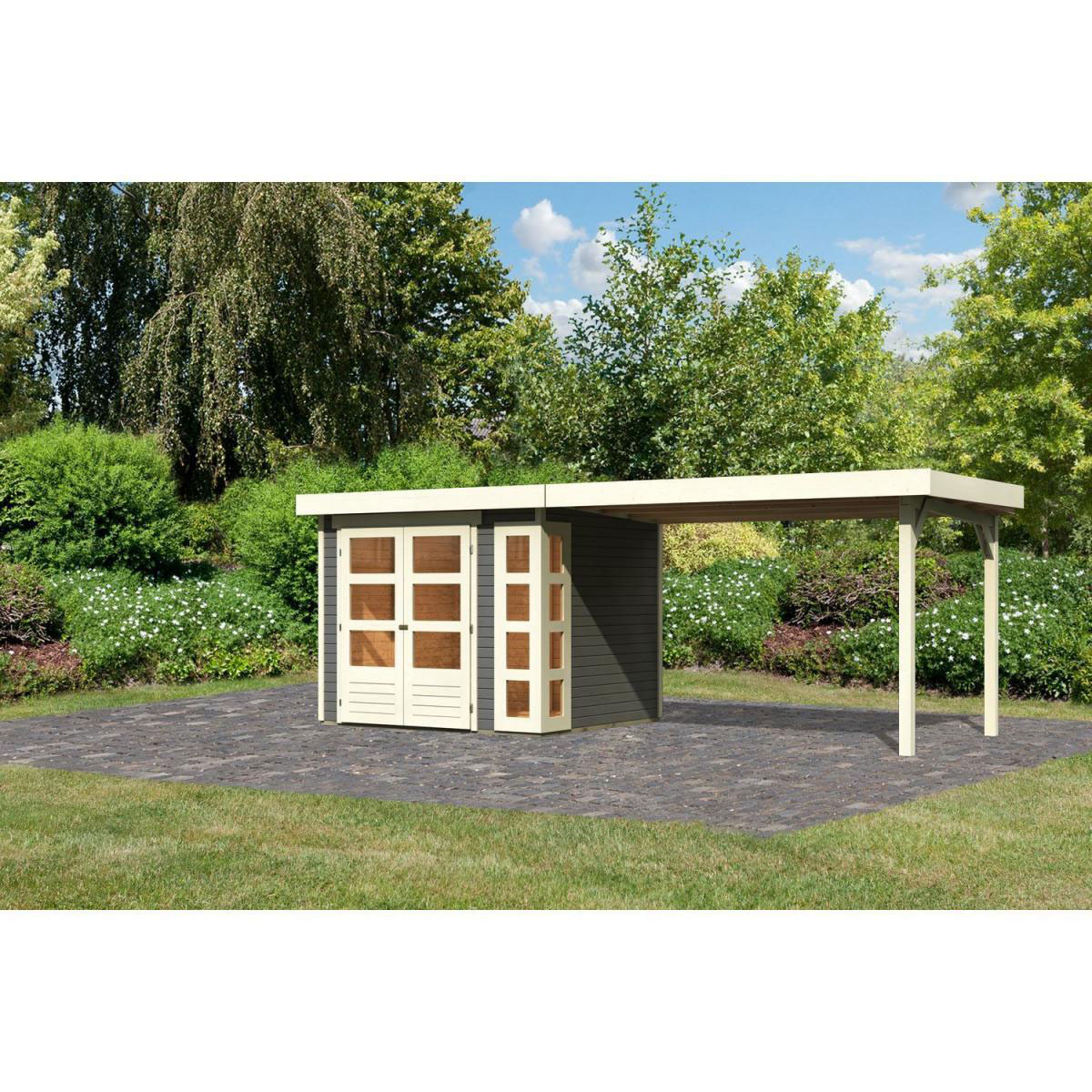 Karibu Gartenhaus-Set Kerko 3 mit Anbaudach 2,8 m terragrau
