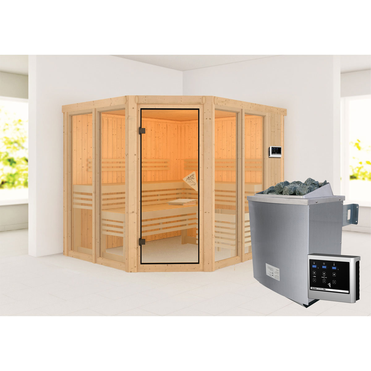 Karibu Sauna Ainur 3 naturbelassen externe Steuerung ohne Kranz Bild 1