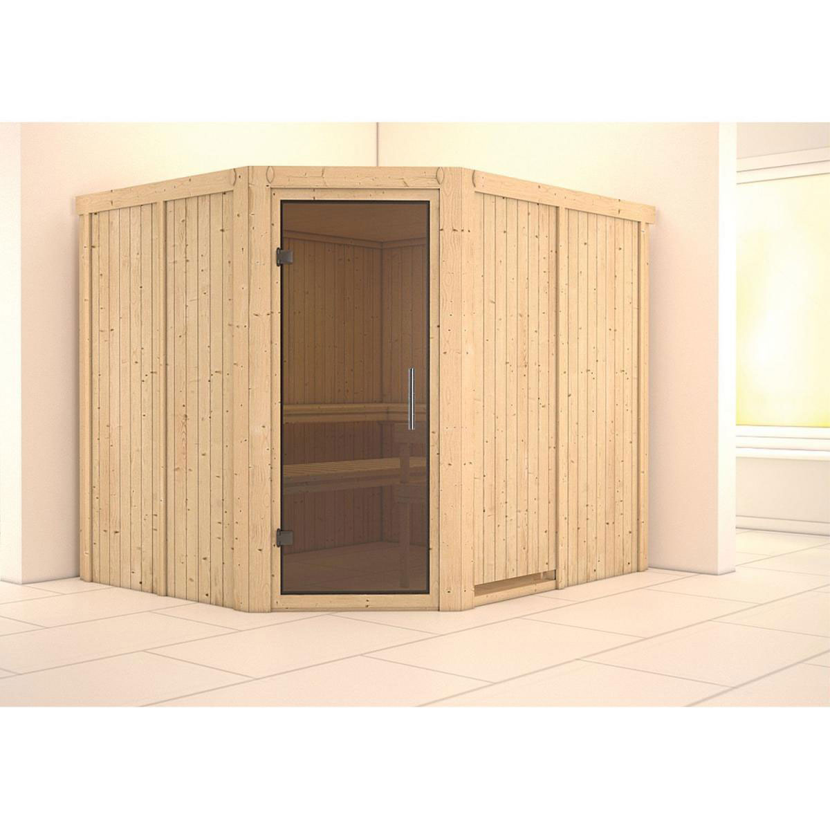 Karibu Sauna Malin Eckeinstieg ohne Ofen Tür graphit ohne Kranz