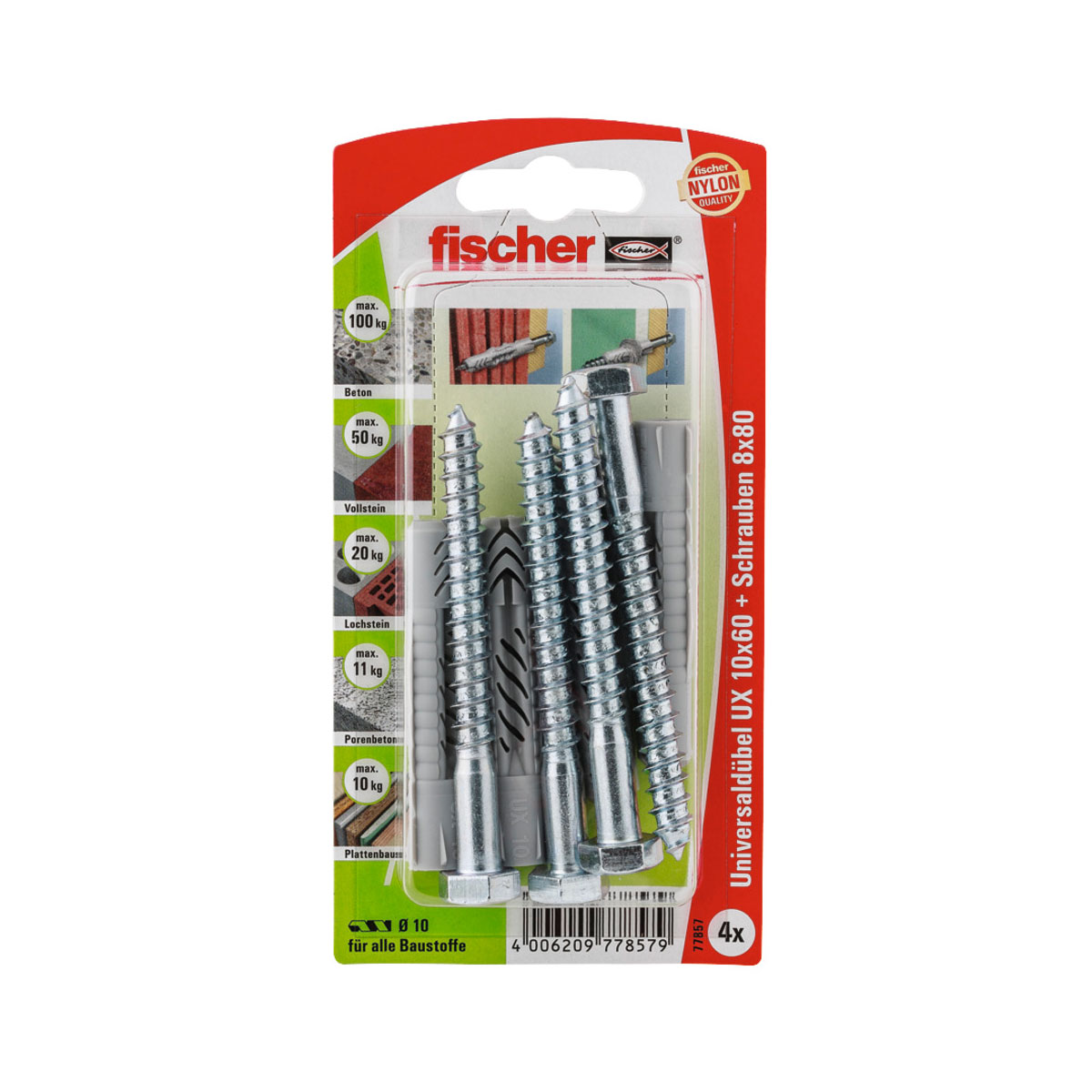Fischer  Universaldübel UX 10 x 60 mm mit Schraube 4 Stück