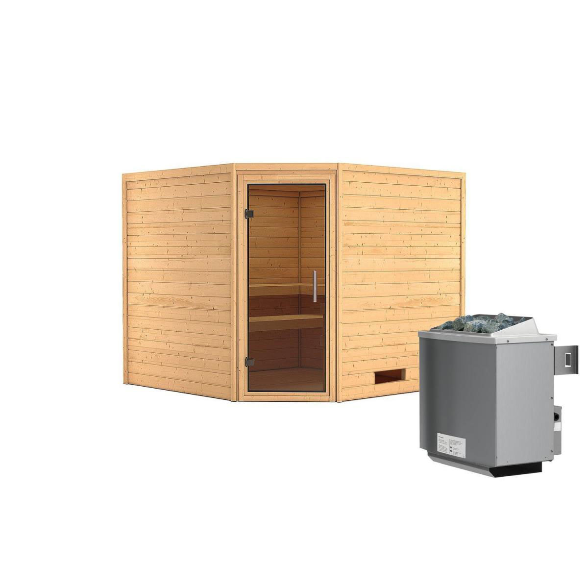 Karibu Sauna Leona Eckeinstieg 9 kW Ofen integr Strg kein Kranz graphitfarbene Tür Bild 1