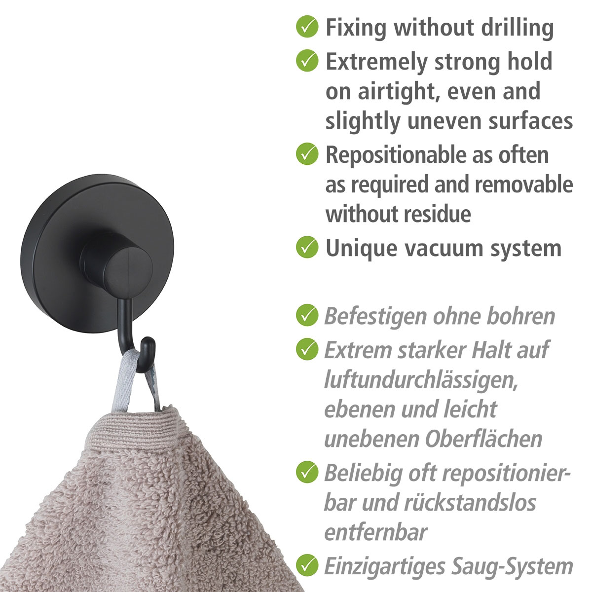 Wenko Haken Schwarz 2er Set Befestigen ohne bohren Vacuum-Loc Bild 4