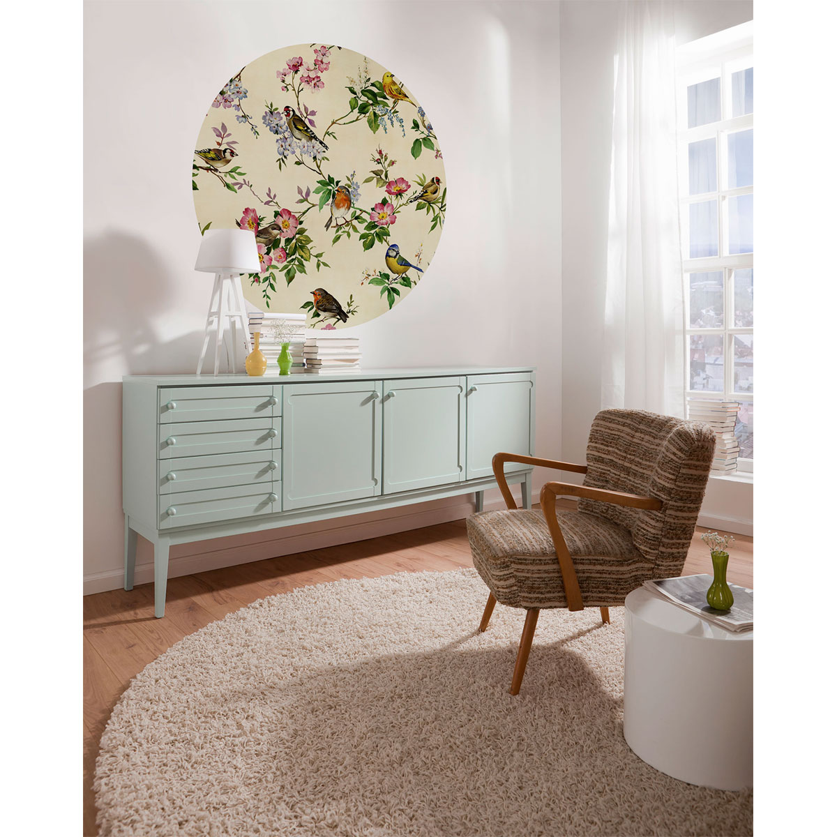 Komar  Selbstklebende Vlies Fototapete rund Bird Party Durchmesser 125 cm