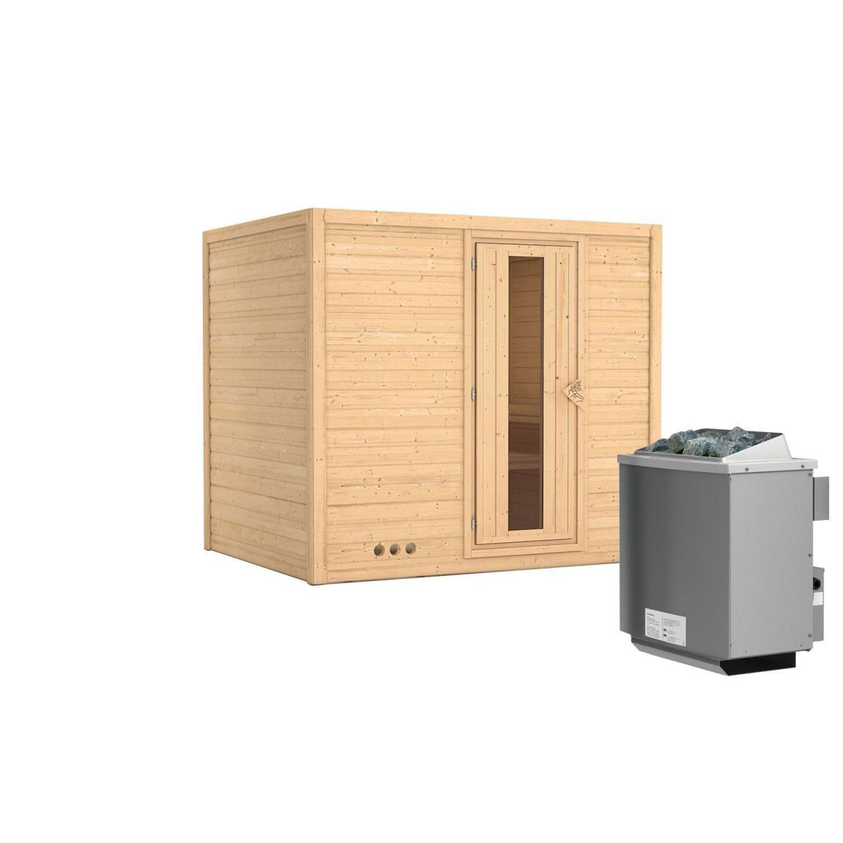 Karibu Sauna Sonara Fronteinstieg 9 kW Ofen integr Strg Tür gedämmt ohne Kranz Bild 2