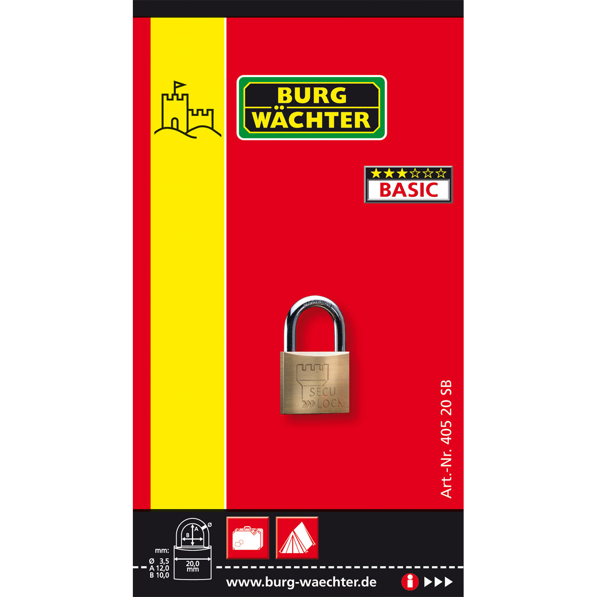 Burg Wächter Zylinder-Vorhängeschloss Secu Lock 405 35,6 20,7 x 35,6 x 9,3 mm Messing