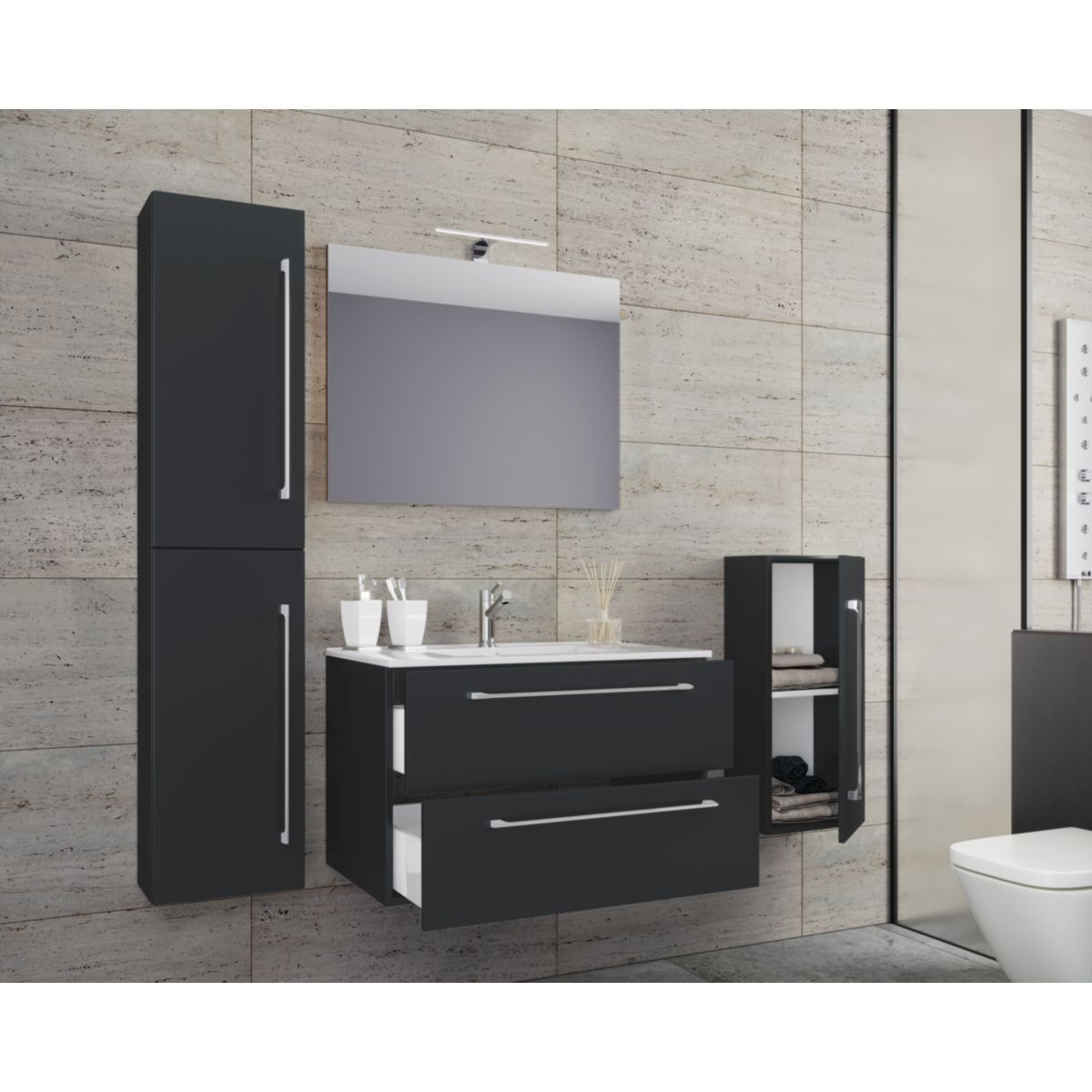 Waschplatz 60 cm 5-teiliges Set 2 Schubfächer mit Spiegel schwarz Bild 3