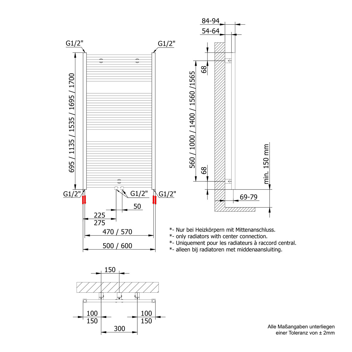 Schulte  Handtuchwärmekörper Turbo steckerfertig inklusive Heizstab 1 Anschluss rechts 60 cm x 113,5 cm Bild 3