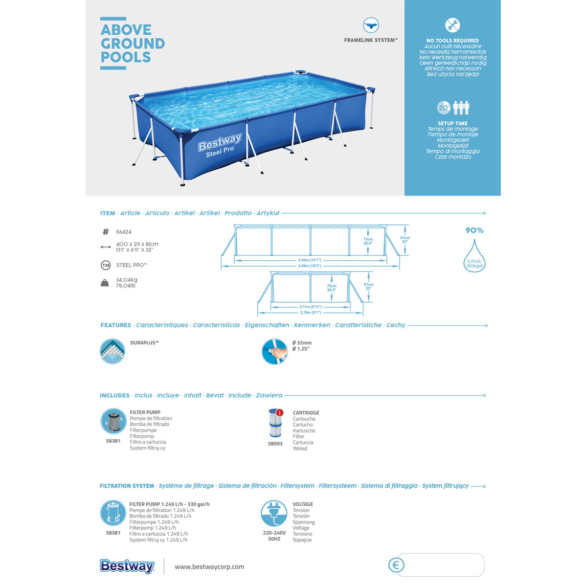Bestway Steel Pro Frame Pool-Set mit Filterpumpe 400 x 211 x 81 cm blau eckig Bild 6