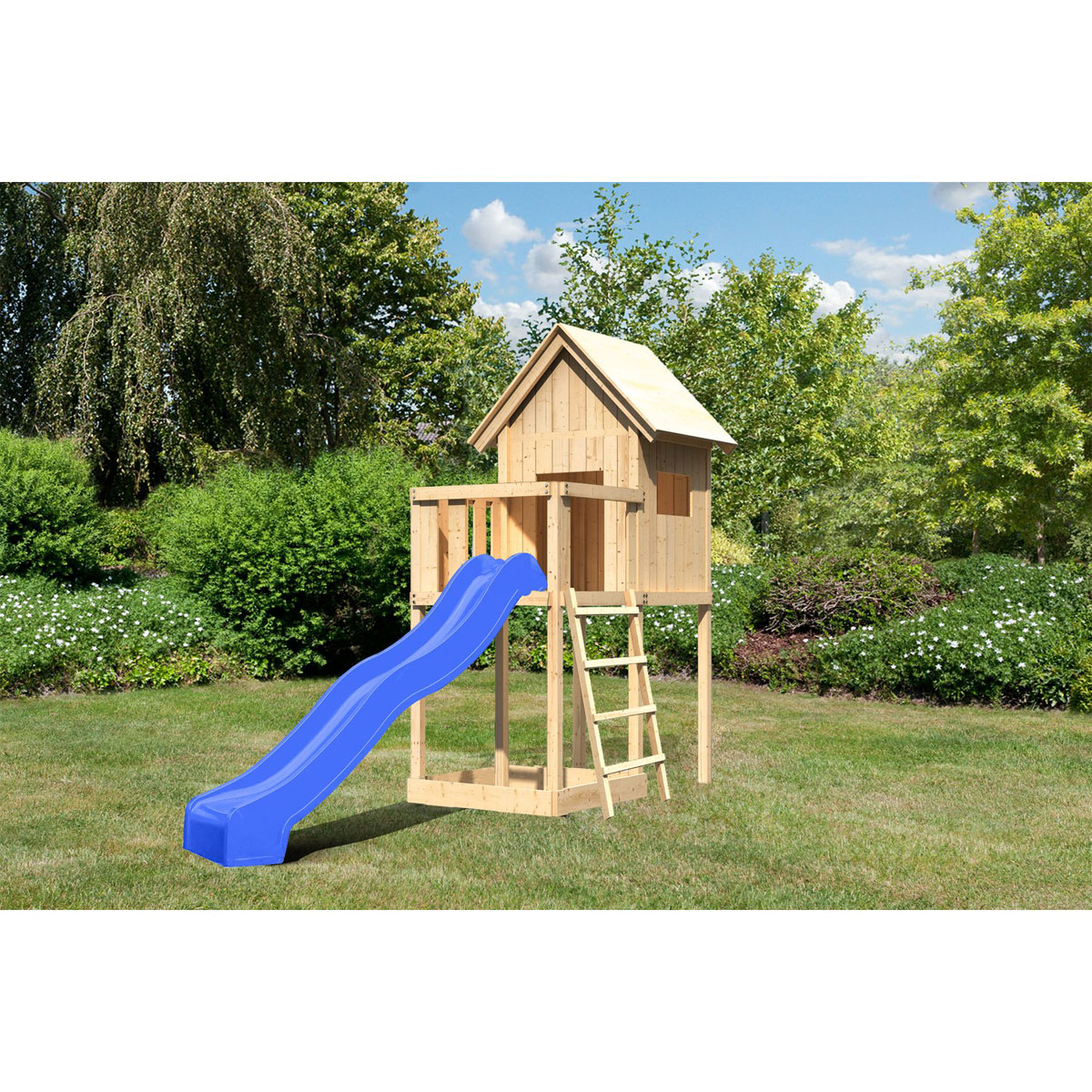 Karibu Kinderspielhaus Frieda mit Anbau und Rutsche naturbelassen Bild 2