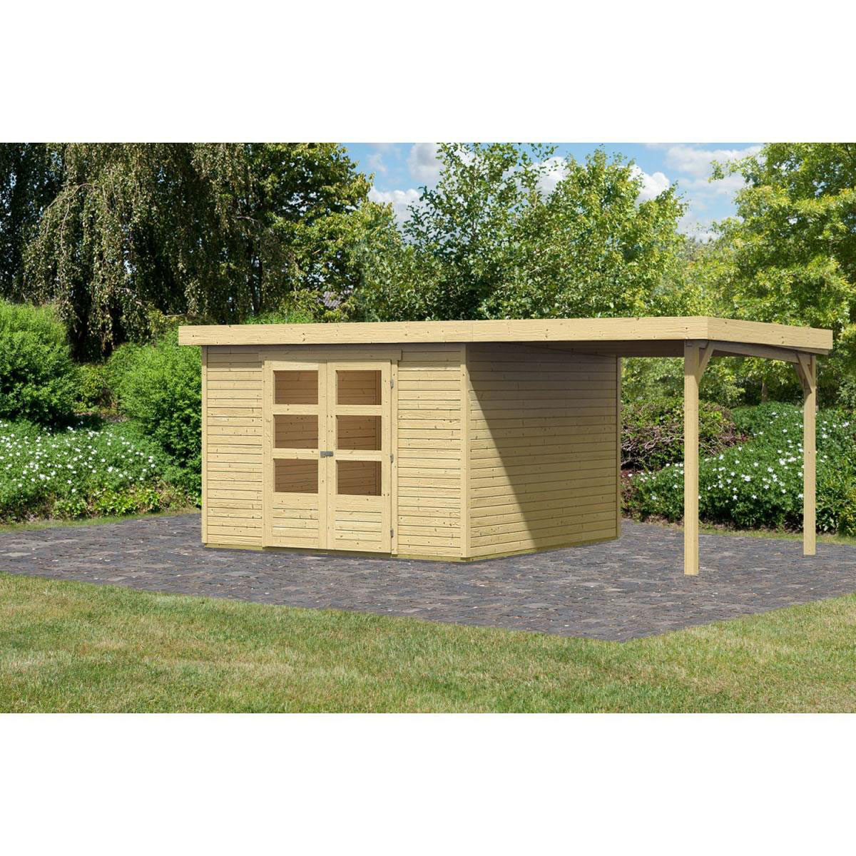 Karibu Gartenhaus Askola 5 mit Anbaudach 225 cm naturbelassen