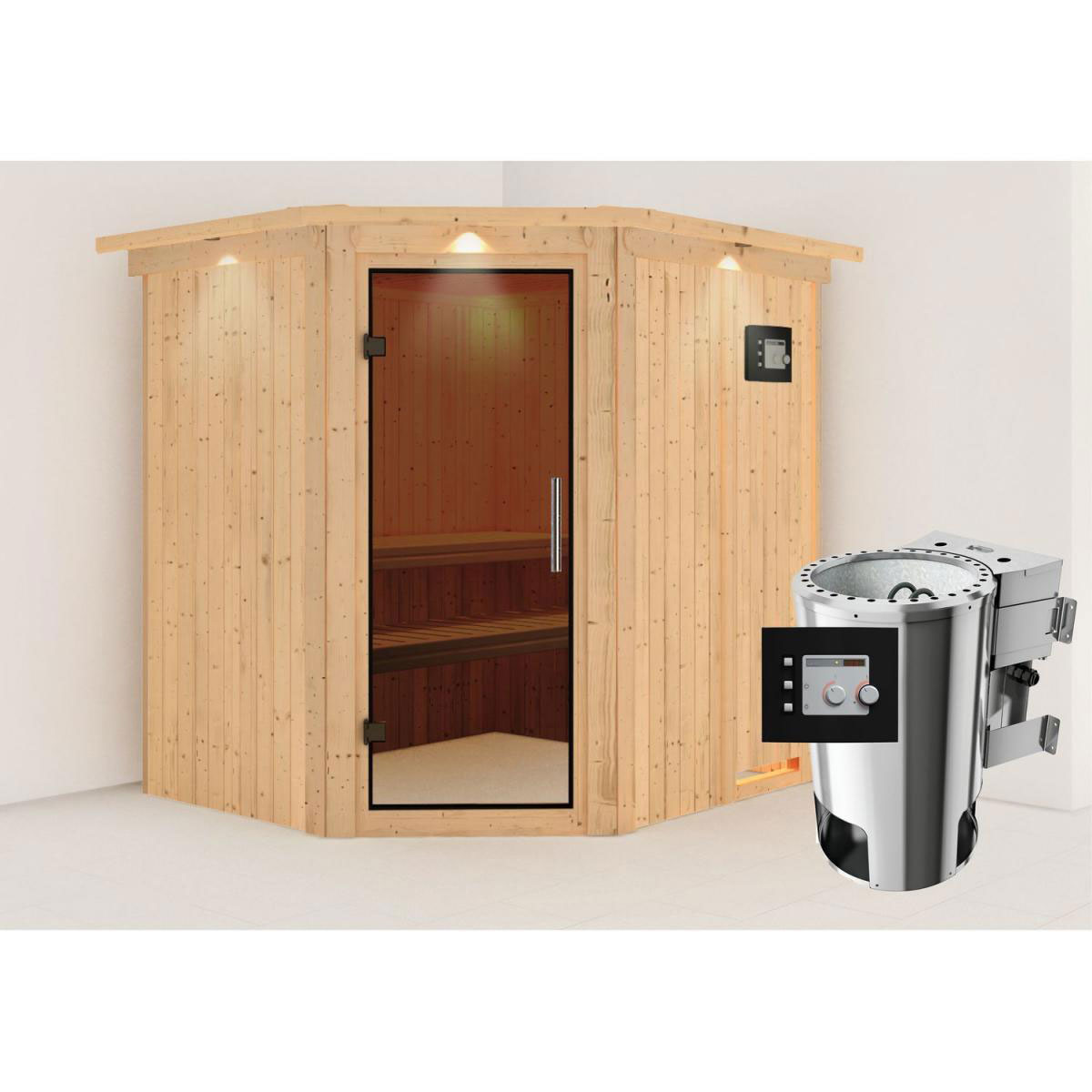 Karibu Sauna Lilja Eckeinstieg 3,6 kW Bio Ofen externe Strg modern mit Kranz graphitfarbene Glastür Bild 7