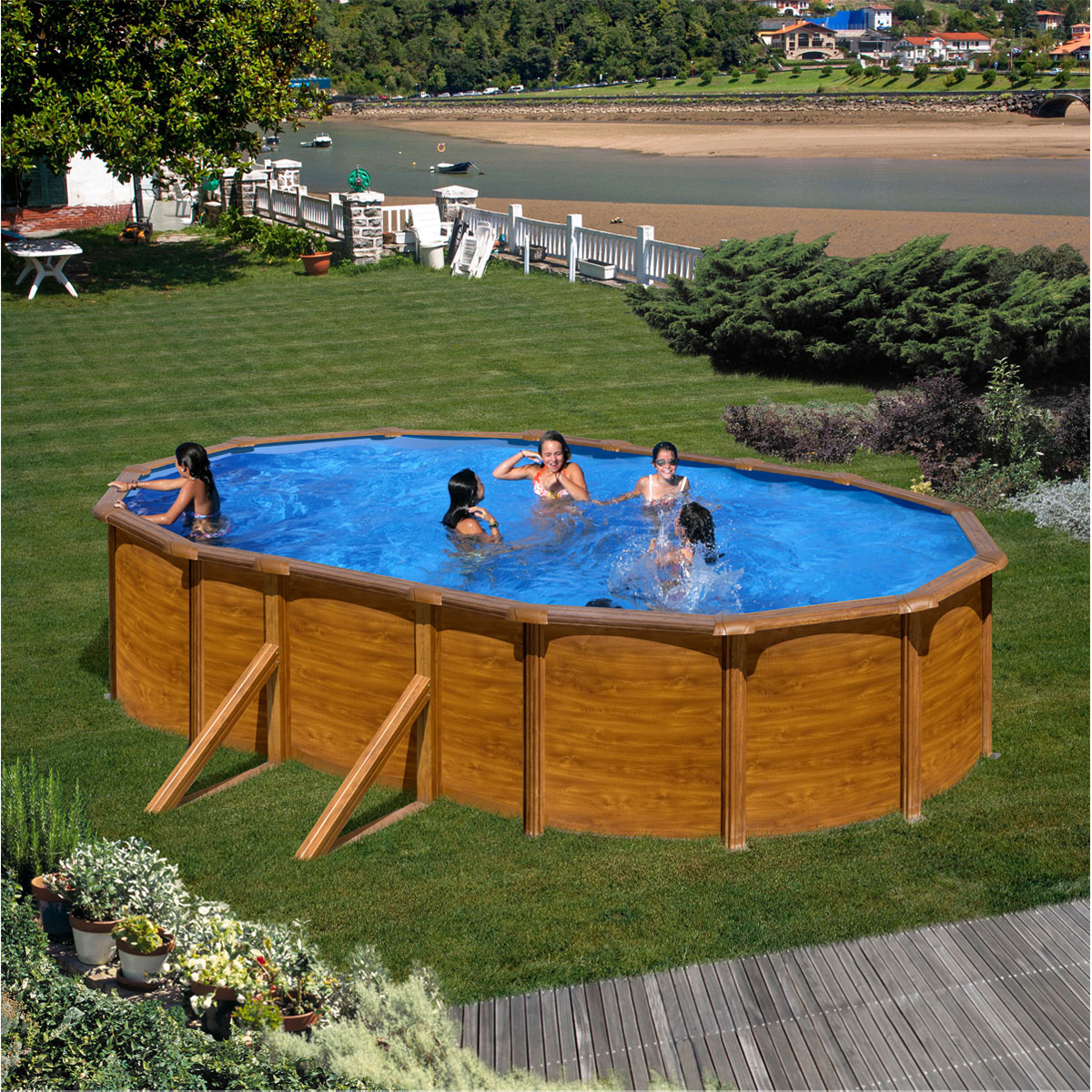 Ovalformbecken-Set holzfarben 610 x 375 x 132 cm mit Stützen Bild 1