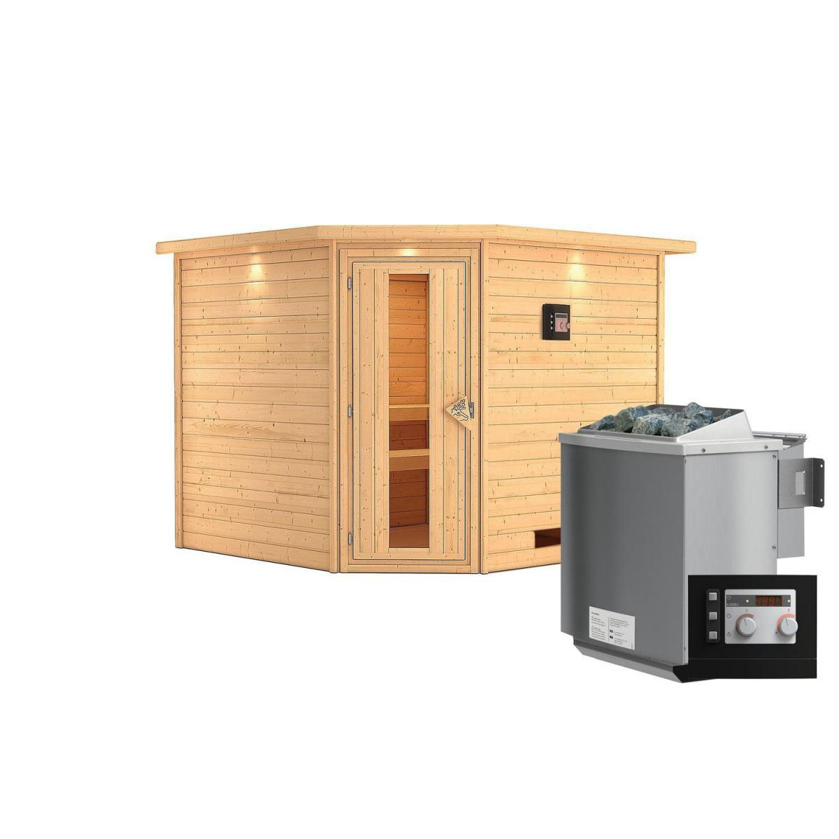 Karibu Sauna Leona Eckeinstieg 9 kW Bio Ofen externe Strg modern mit Kranz Energiespartür Bild 1
