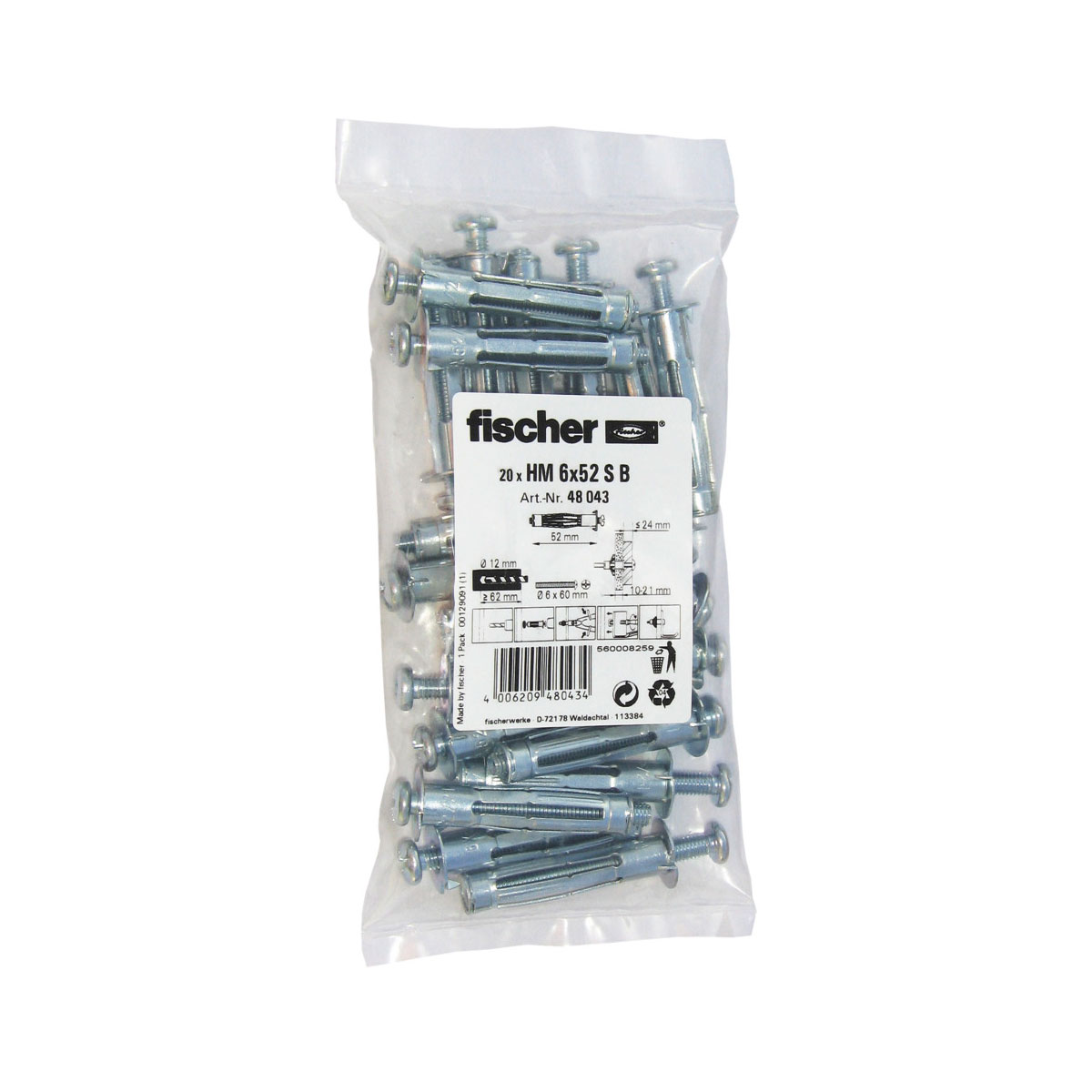 Fischer  Hohlraum-Metalldübel HM 6 x 52 mm mit Schraube 20 Stück Bild 1