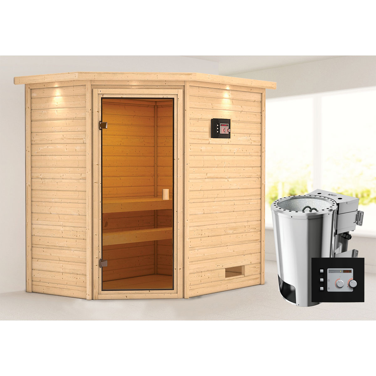 Karibu Sauna Jella 3,6 kW mit Kranz naturbelassen Bio externe Steuerung