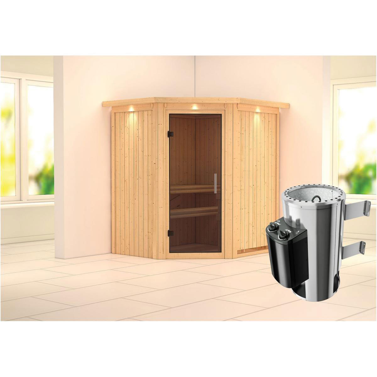 Karibu Sauna Tonja Eckeinstieg 3,6 kW Ofen integr Strg mit Kranz graphitfarbene Glastür Bild 6