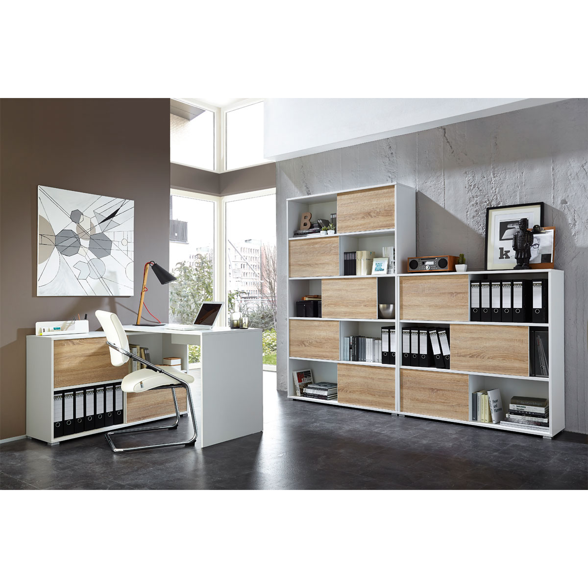 Schiebetürregal 120 x 196 x 35 cm weiß/Sonoma Eiche Bild 8