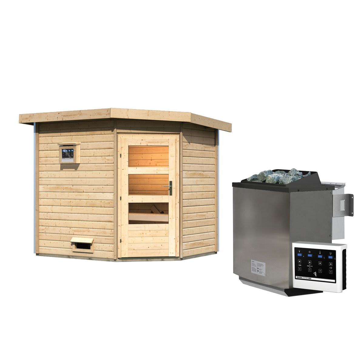 Karibu Saunahaus Mikka 38 mm 9 kW Bio Ofen externe Strg moderne Tür Bild 3