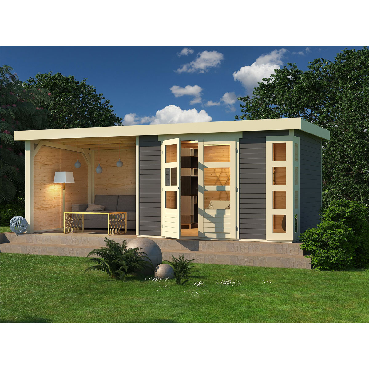 Karibu BBH Kerko 5 Set mit Anbaudach terragrau