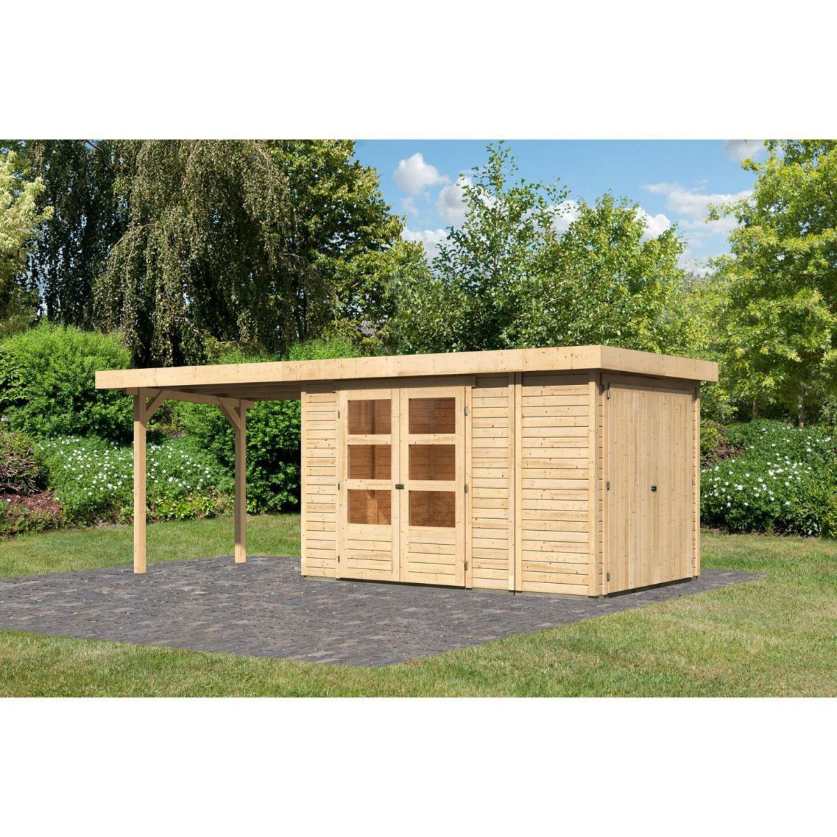 Karibu Gartenhaus Retola 3 inkl Anbauschrank und Anbaudach 2,80 Meter naturbelassen