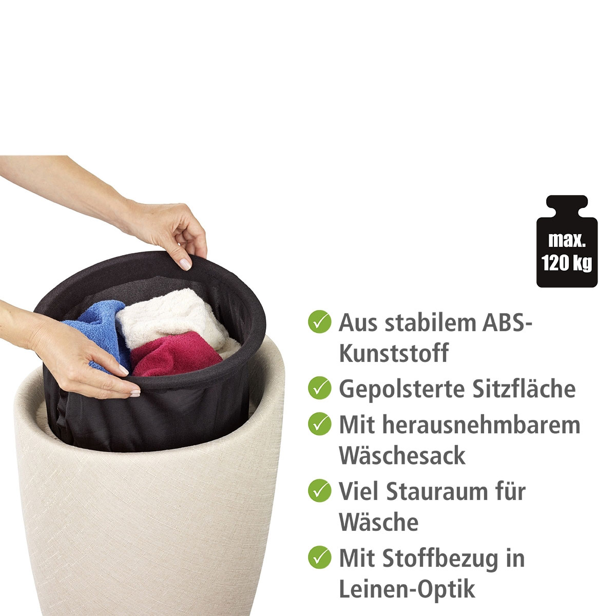 Wenko  Hocker Candy Beige Leinenoptik mit Wäschesack Badhocker mit abnehmbarem Wäschesammler Bild 2