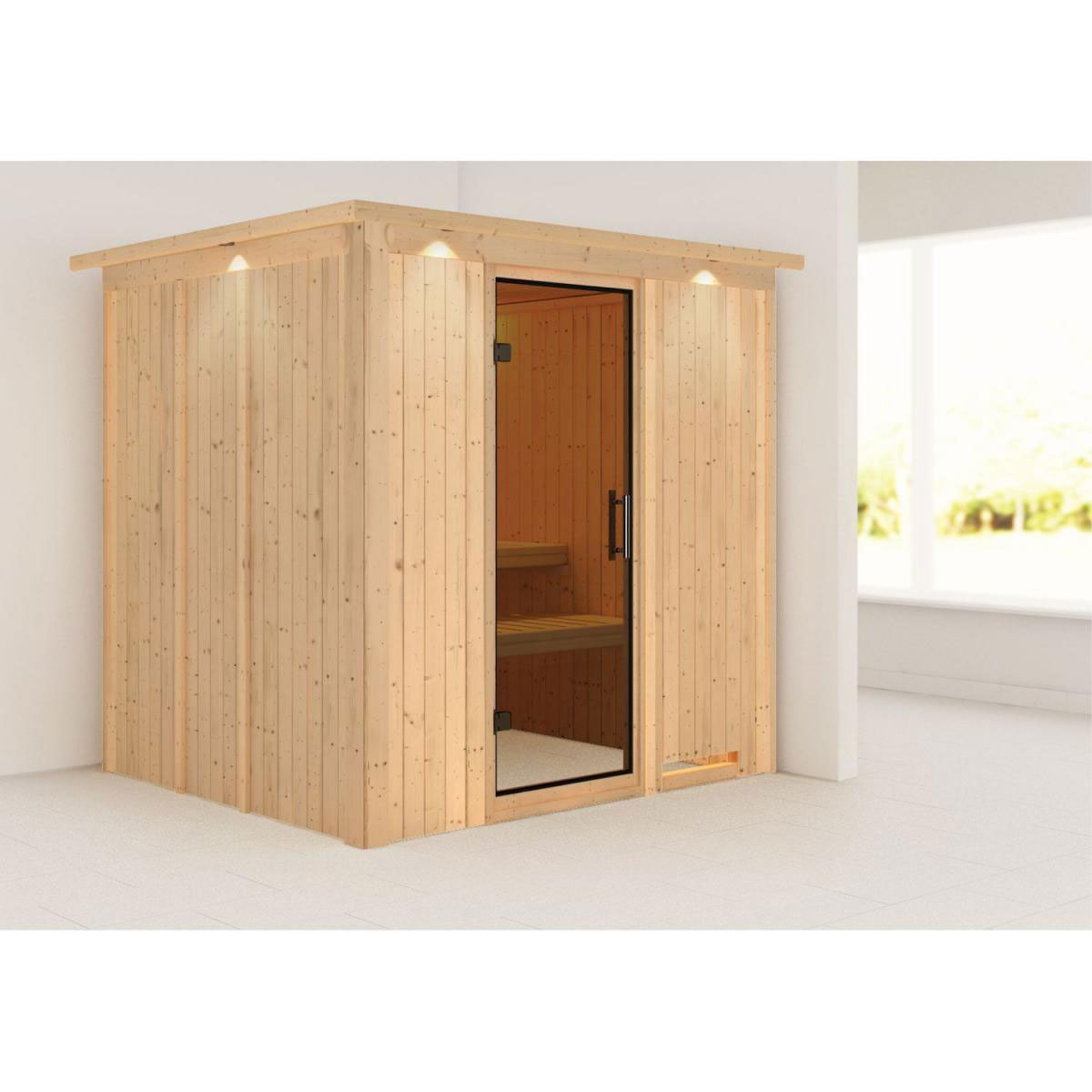 Karibu Sauna Daria Fronteinstieg ohne Ofen mit Kranz graphitfarbene Glastür Bild 6