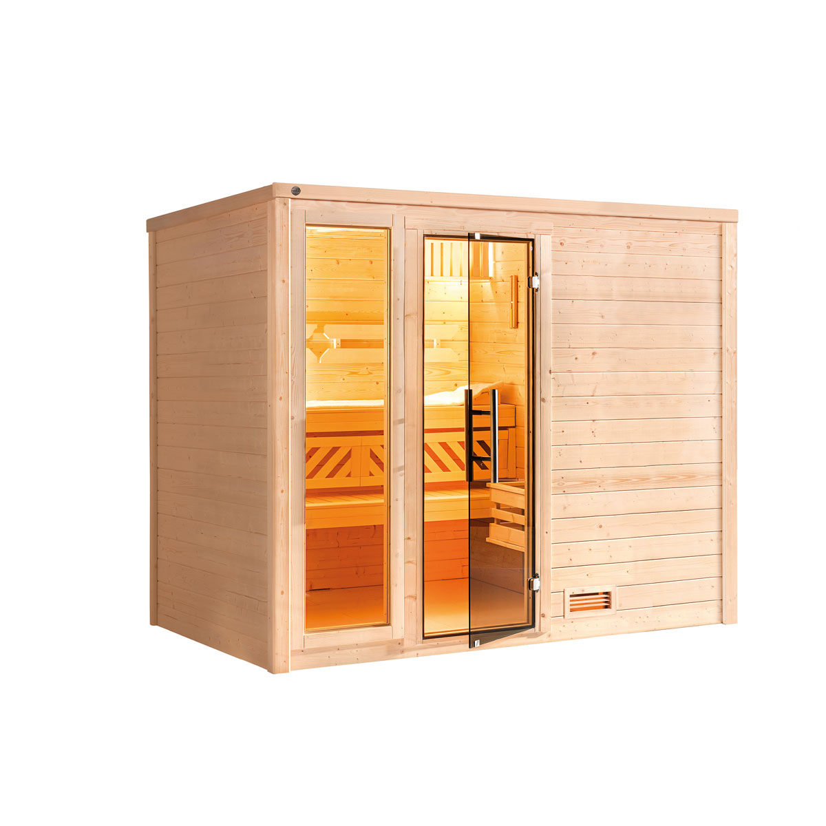 Weka  Premium Massivholz-Sauna Bergen Größe 3 Sparset 7,5 kW OS Glastuer
