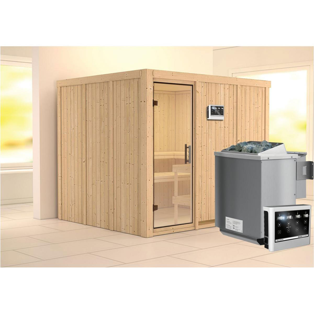 Karibu Sauna Gobin Fronteinstieg 9 kW Bio Ofen kein Kranz Klarglas-Tür Bild 6