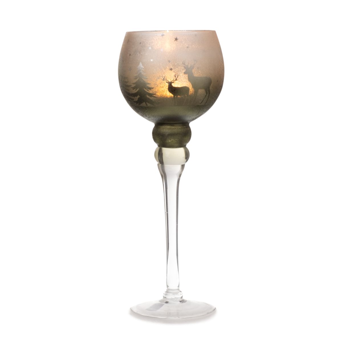 Windlicht Winter auf Fuß 13x35cm Glas silber grün