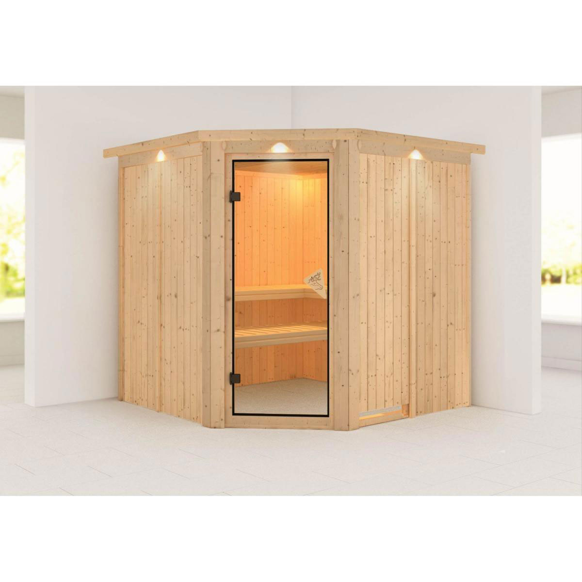 Karibu Systemsauna Jarin 68 mm ohne Ofen mit Dachkranz