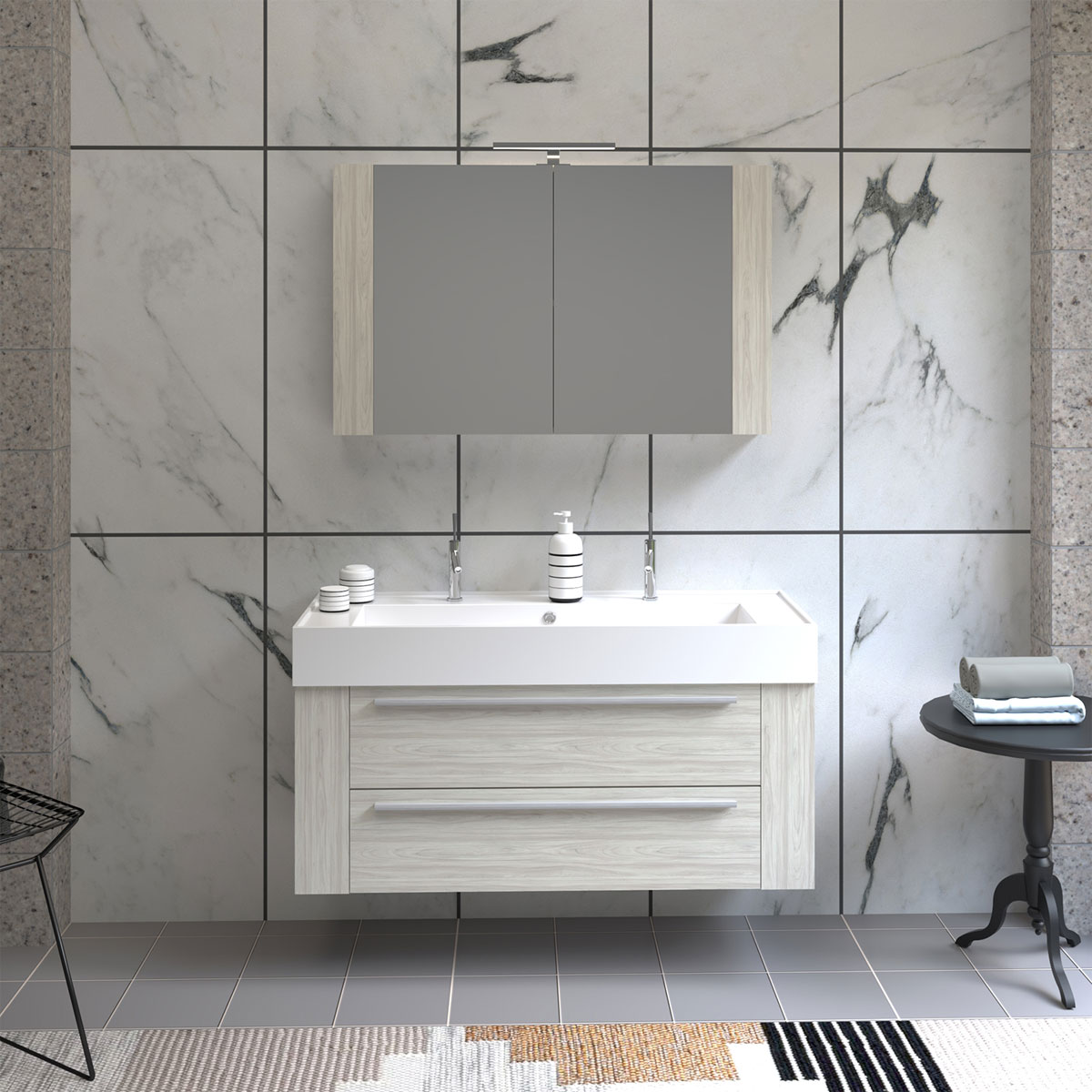 Progetto Idea Stella Badmöbel DOMUS 120 Ulme creme mit Spiegelschrank und Lampe Bild 3