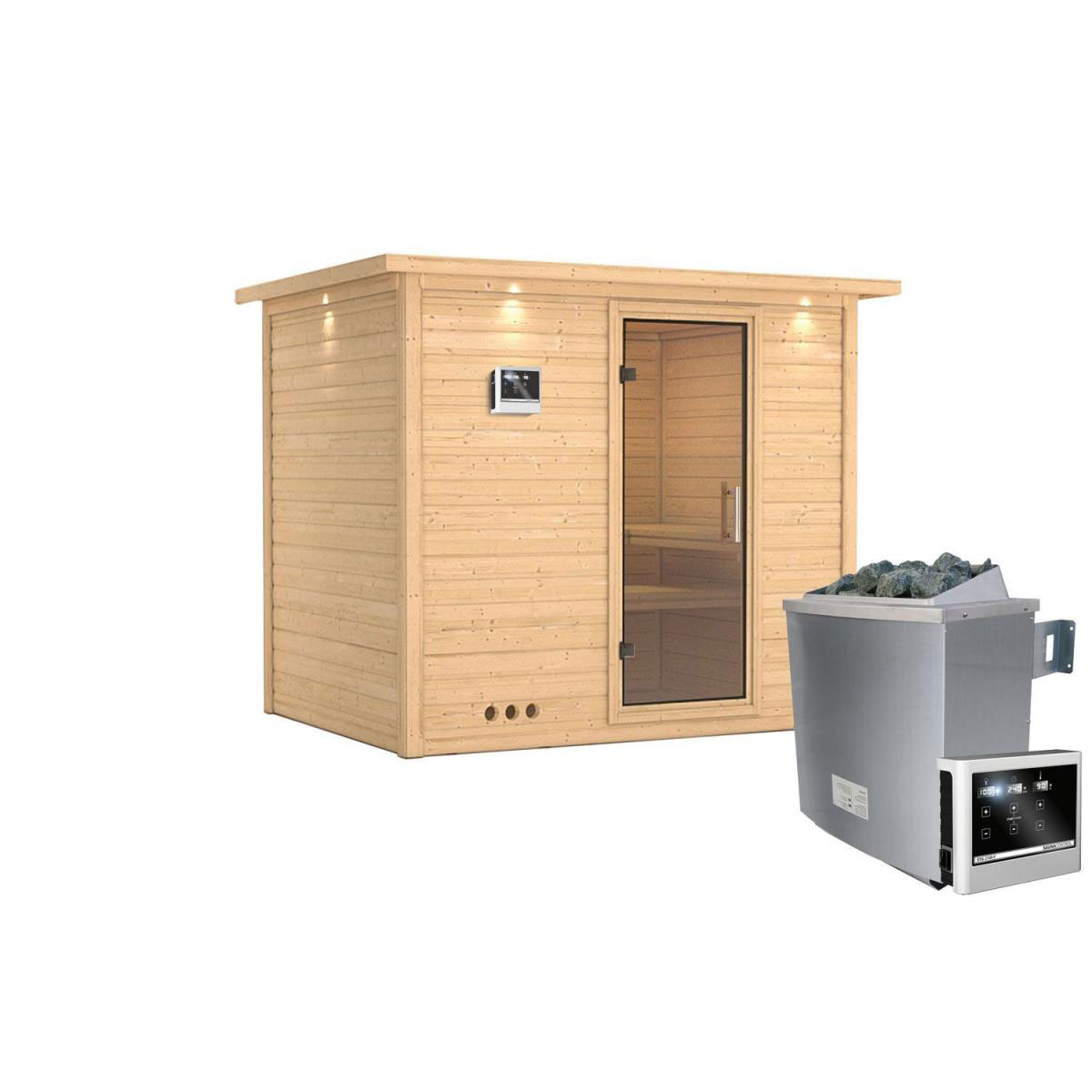 Karibu Sauna Sonara Fronteinstieg 9 kW Ofen externe Strg mit Kranz Klarglas-Tür Bild 1